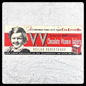 1930s VV Chocolate Vitamin Advertisement Sign 20" Cardboard